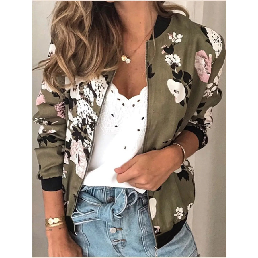 Printed Zip-Up Bomber Jacket Army Green / S Apparel and Accessories