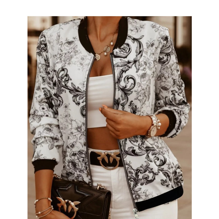 Printed Zip-Up Bomber Jacket Black-Floral / S Apparel and Accessories