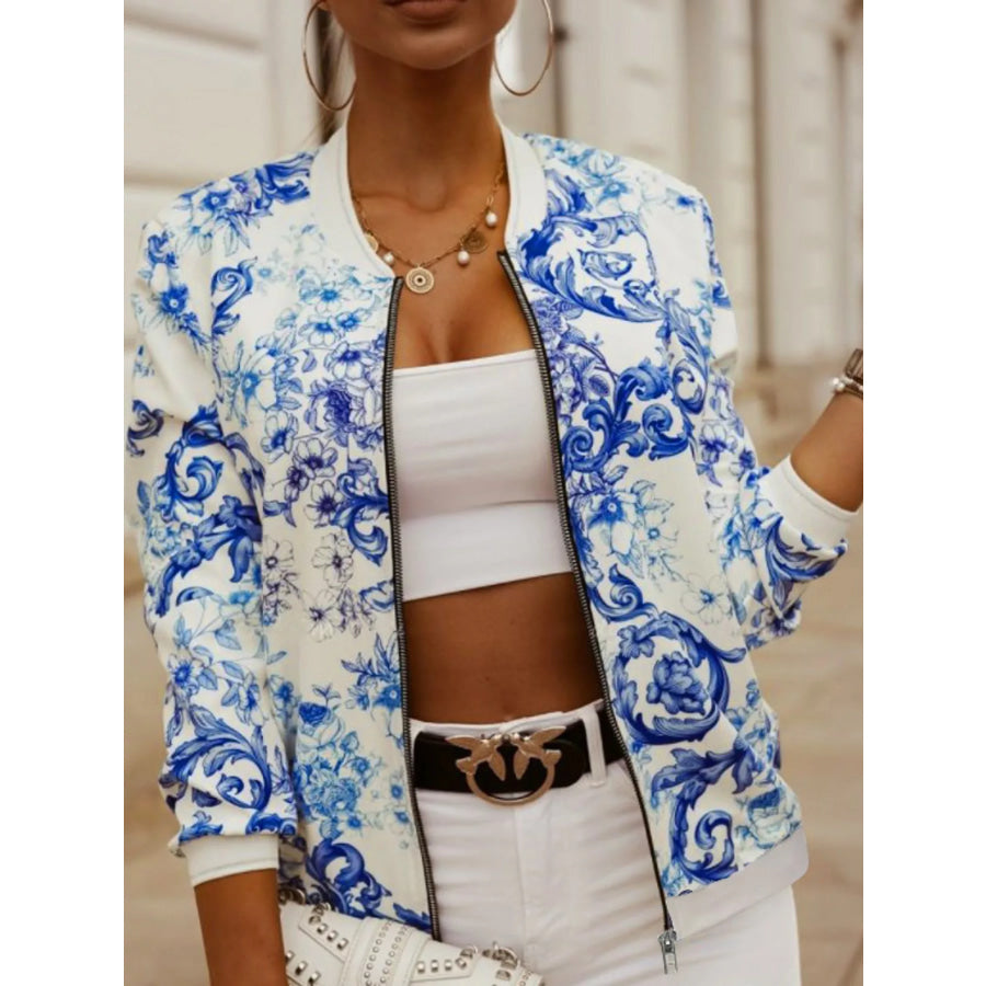 Printed Zip-Up Bomber Jacket Blue-Floral / S Apparel and Accessories