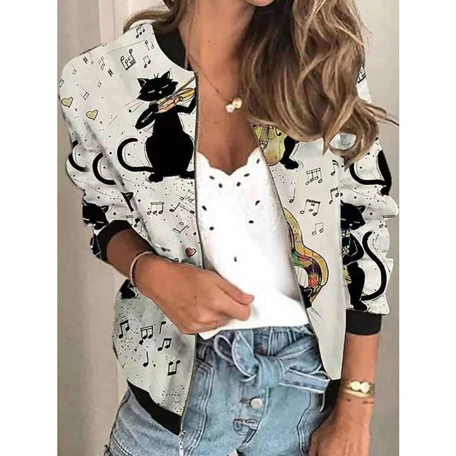 Printed Zip-Up Bomber Jacket Cat Print / S Apparel and Accessories