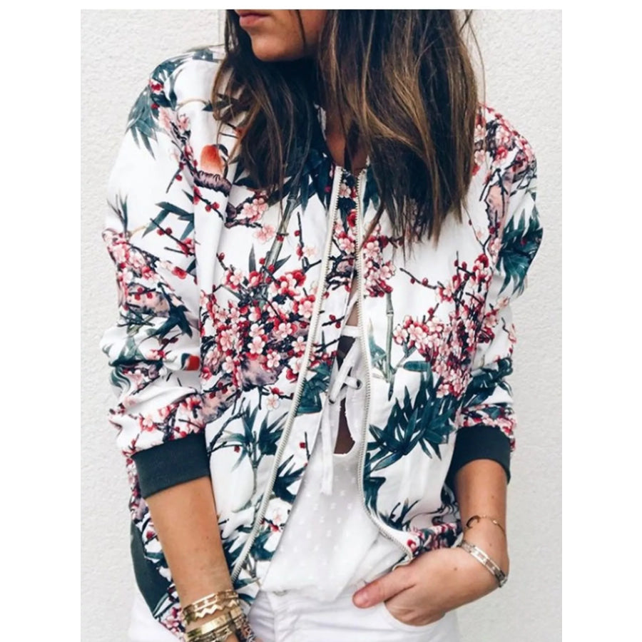 Printed Zip-Up Bomber Jacket Dark Blue / S Apparel and Accessories