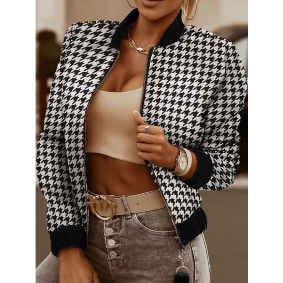 Printed Zip-Up Bomber Jacket Houndstooth / S Apparel and Accessories