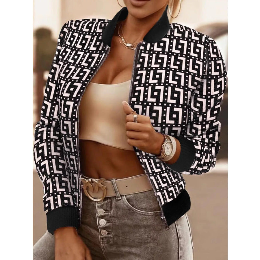 Printed Zip-Up Bomber Jacket Khaki-Plaid / S Apparel and Accessories