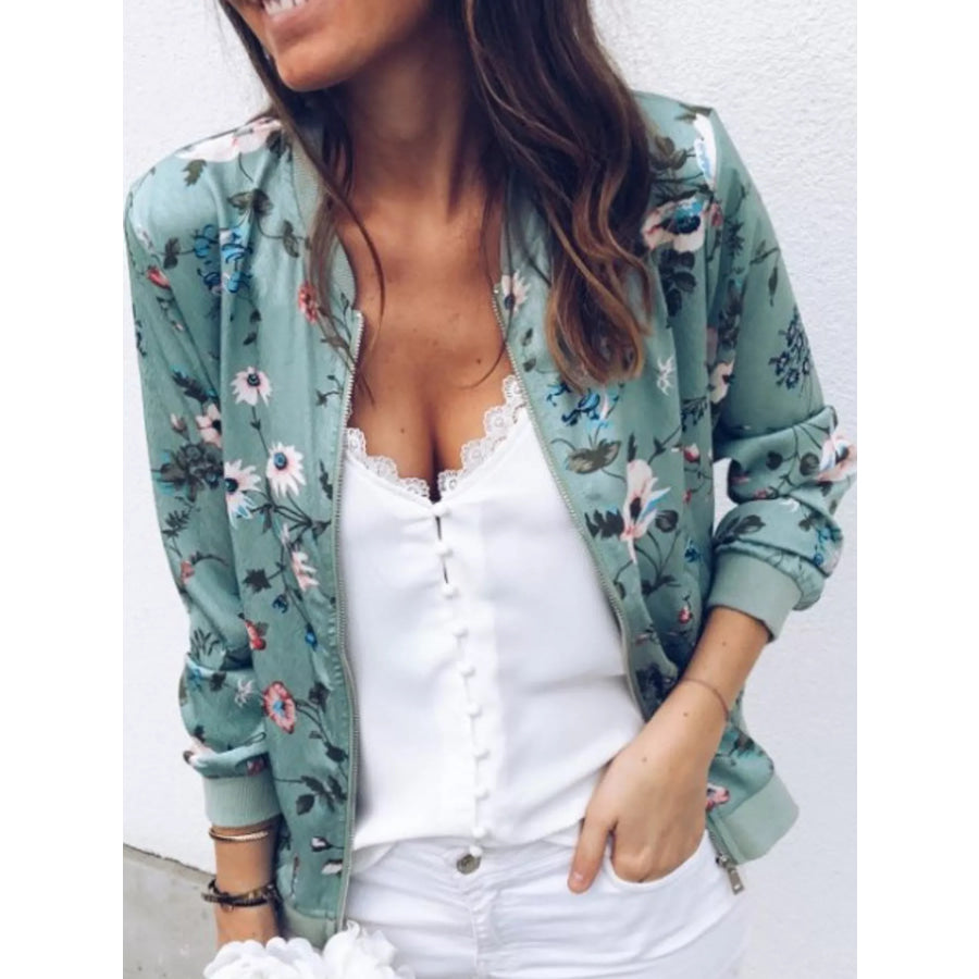 Printed Zip-Up Bomber Jacket Light Green / S Apparel and Accessories
