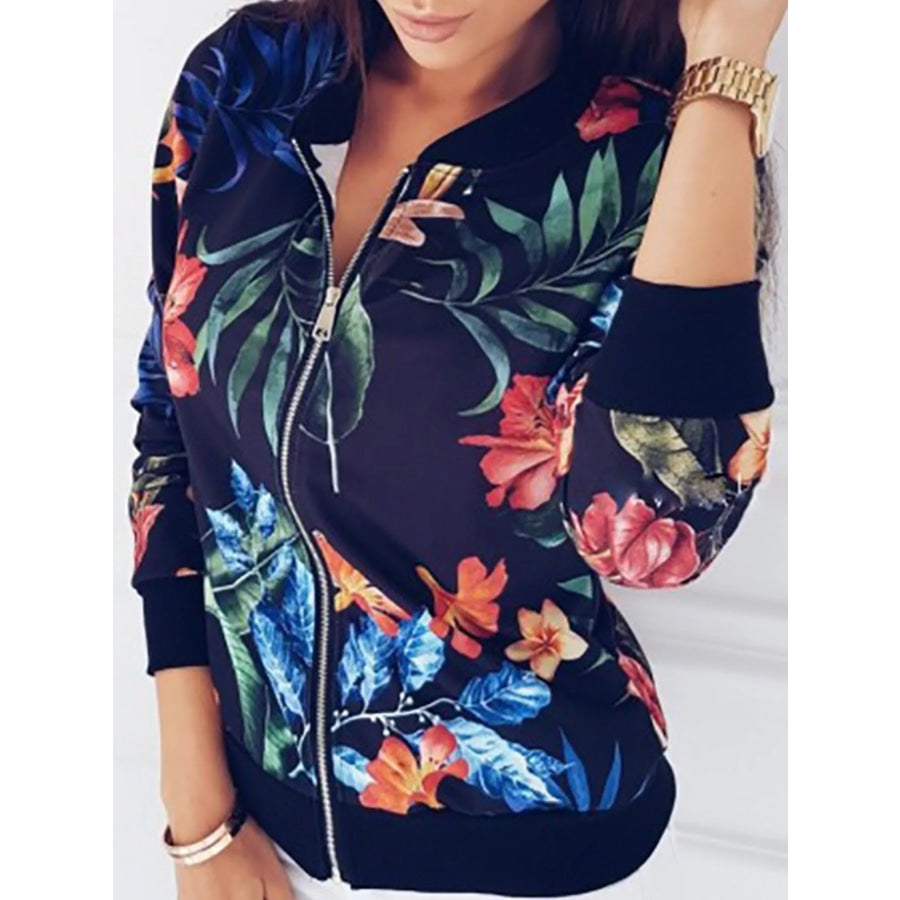 Printed Zip-Up Bomber Jacket Navy Background-Floral / S Apparel and Accessories
