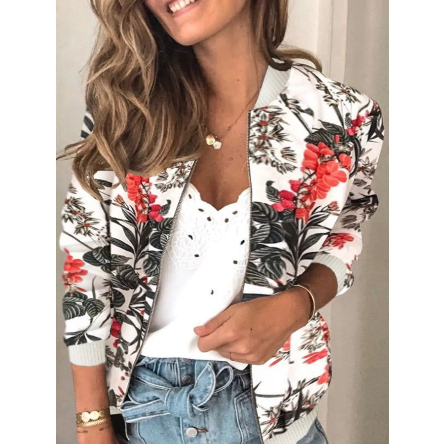 Printed Zip-Up Bomber Jacket White Background-Black Leaf Print / S Apparel and Accessories