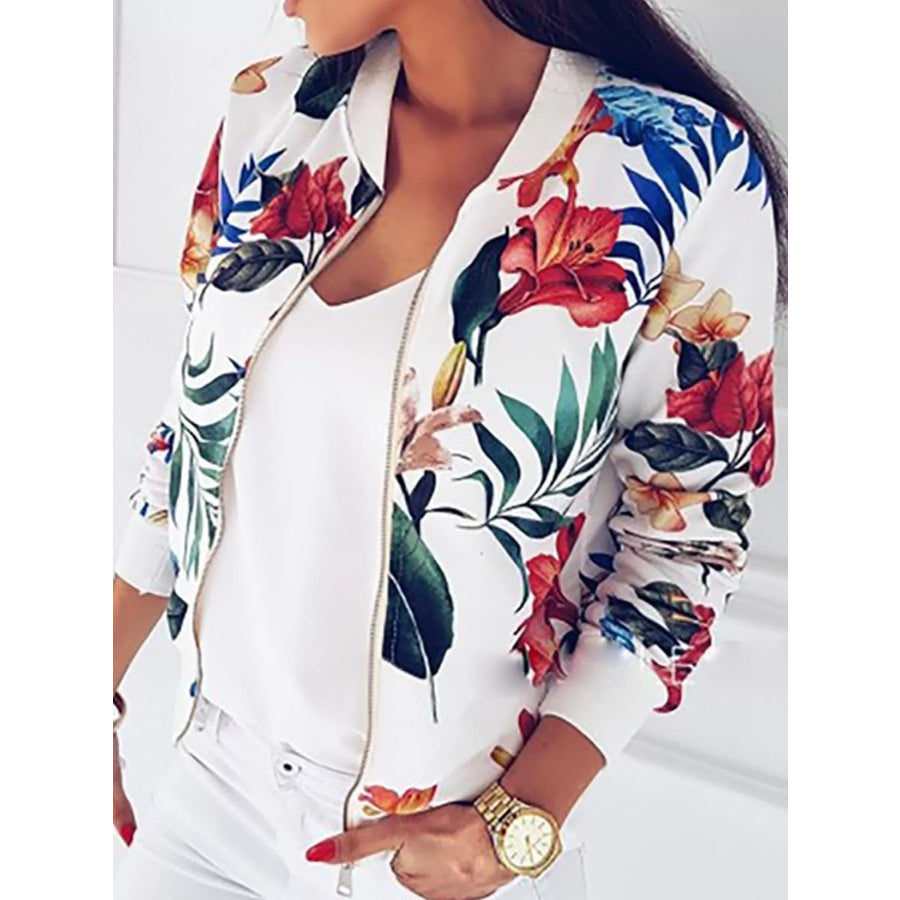 Printed Zip-Up Bomber Jacket White Background-Floral / S Apparel and Accessories