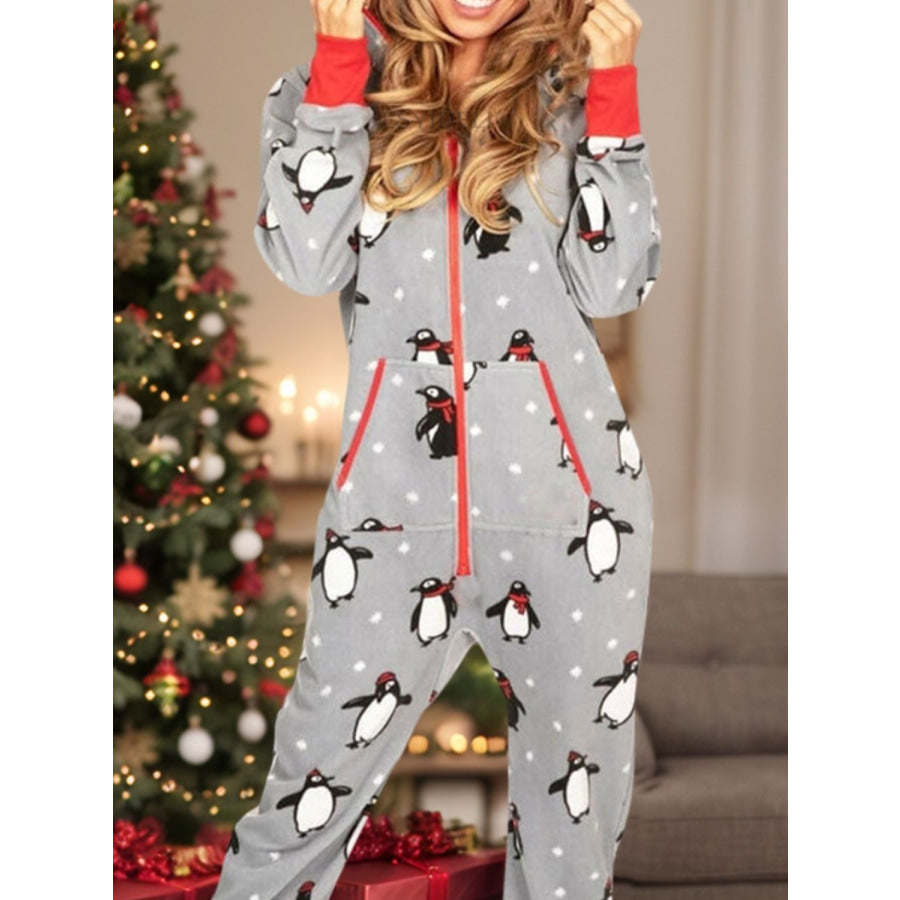 Printed Zip Up Long Sleeve Hooded Jumpsuit Apparel and Accessories