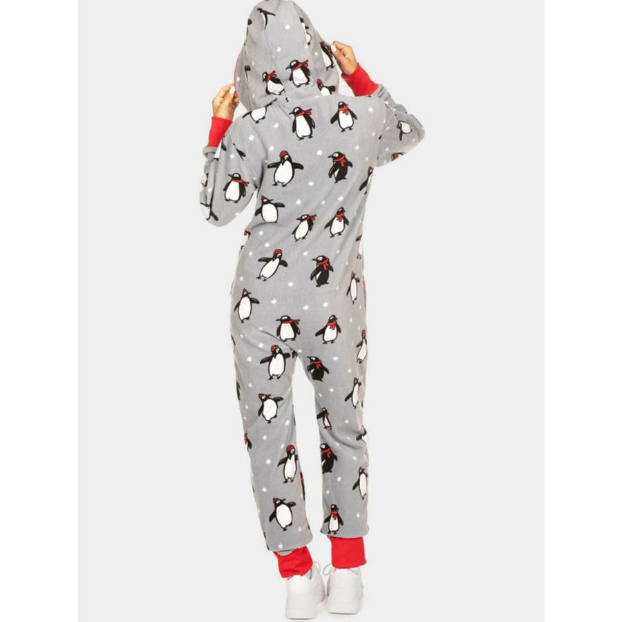 Printed Zip Up Long Sleeve Hooded Jumpsuit Apparel and Accessories