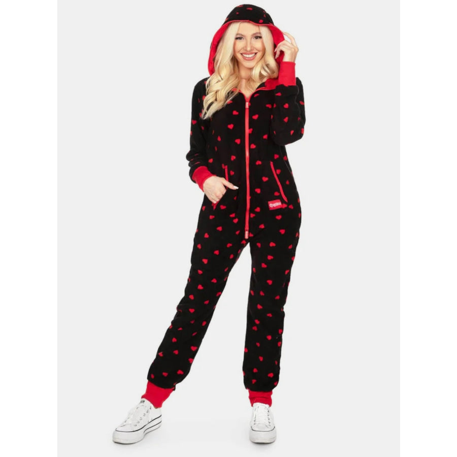Printed Zip Up Long Sleeve Hooded Jumpsuit Apparel and Accessories