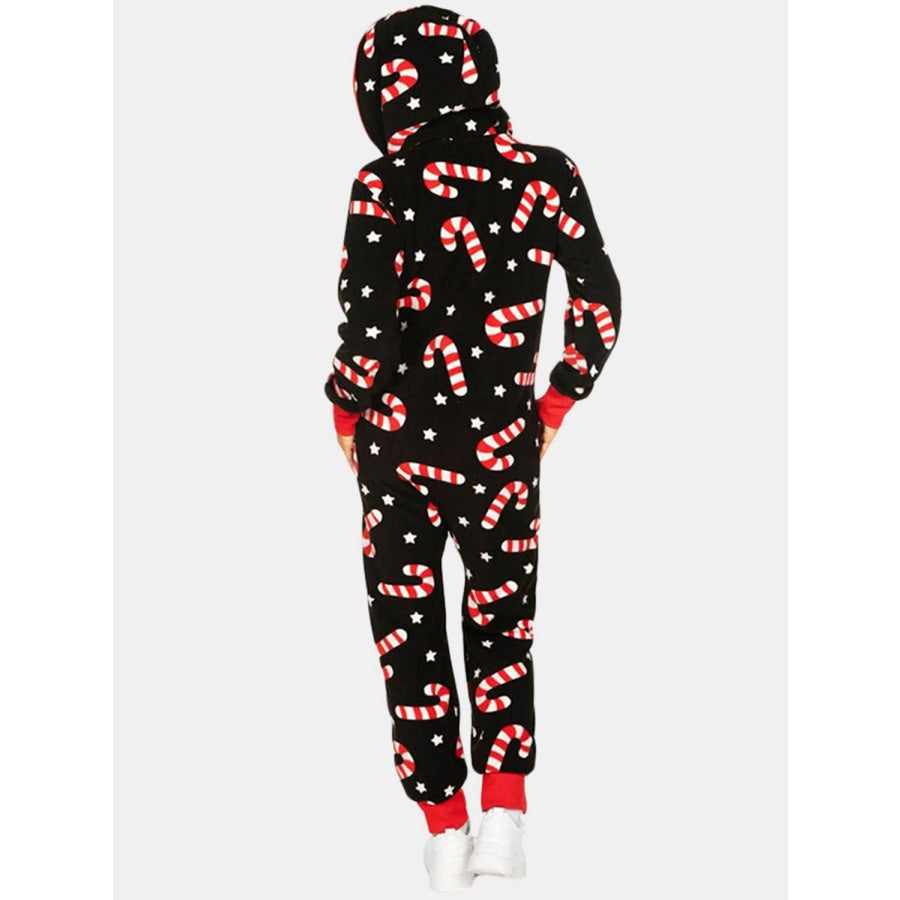 Printed Zip Up Long Sleeve Hooded Jumpsuit Apparel and Accessories