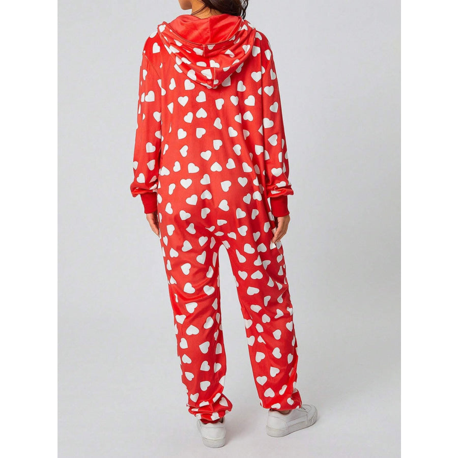 Printed Zip Up Long Sleeve Hooded Jumpsuit Apparel and Accessories