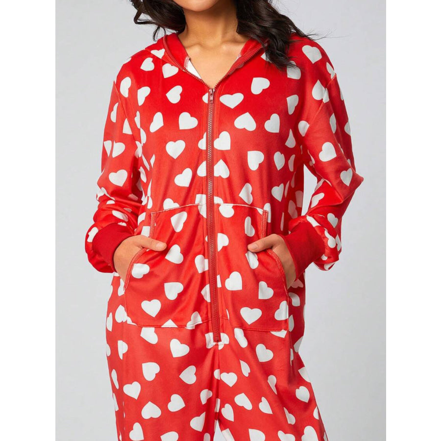 Printed Zip Up Long Sleeve Hooded Jumpsuit Red / S Apparel and Accessories