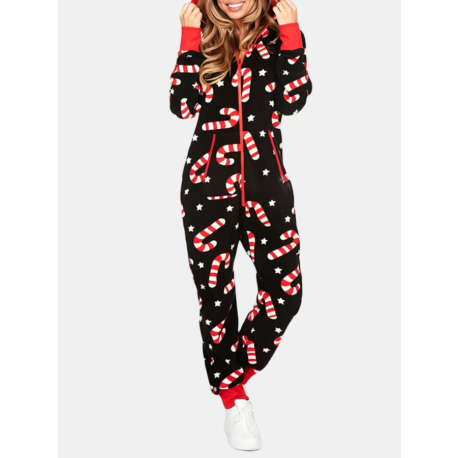 Printed Zip Up Long Sleeve Hooded Jumpsuit Black Cane / S Apparel and Accessories