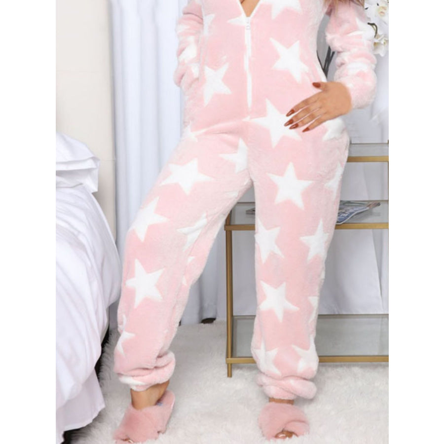 Printed Zip Up Long Sleeve Hooded Lounge Jumpsuit Apparel and Accessories