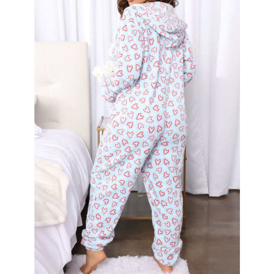 Printed Zip Up Long Sleeve Hooded Lounge Jumpsuit Apparel and Accessories