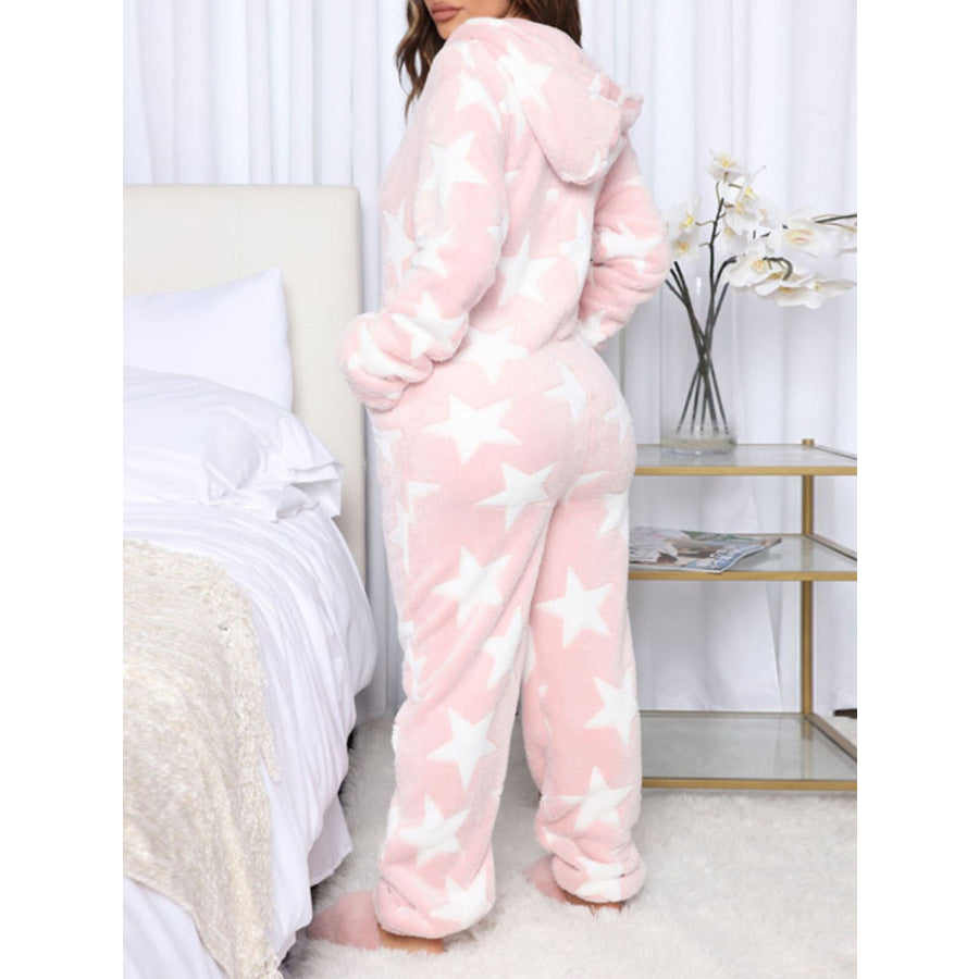 Printed Zip Up Long Sleeve Hooded Lounge Jumpsuit Apparel and Accessories