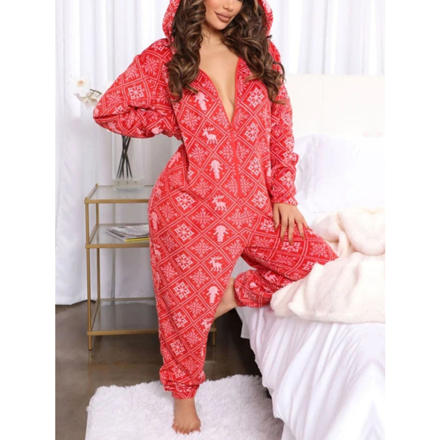 Printed Zip Up Long Sleeve Hooded Lounge Jumpsuit Deep Red / S Apparel and Accessories