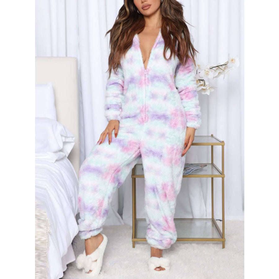 Printed Zip Up Long Sleeve Hooded Lounge Jumpsuit Lavender / S Apparel and Accessories