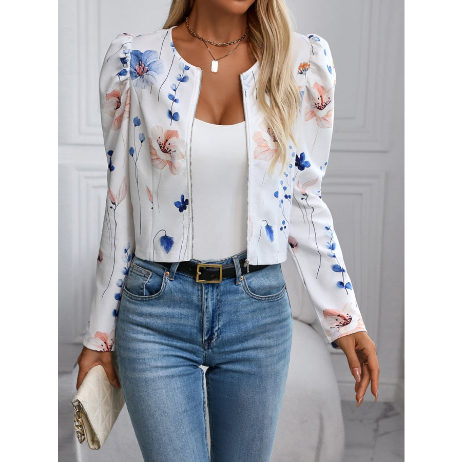 Printed Zip Up Long Sleeve Jacket White / S Apparel and Accessories