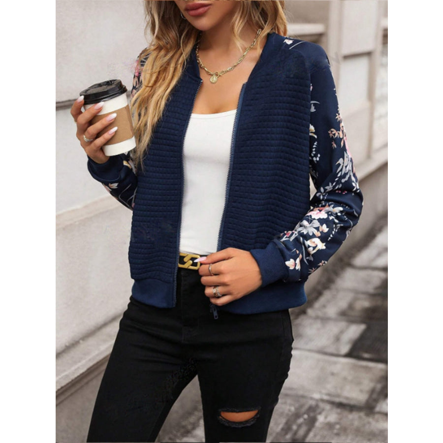 Printed Zip Up Long Sleeve Jacket Navy / S Apparel and Accessories