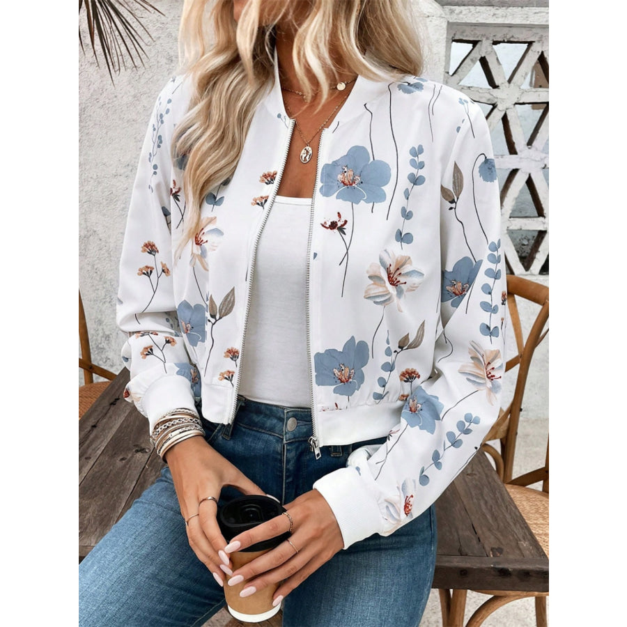 Printed Zip Up Long Sleeve Jacket White / S Apparel and Accessories