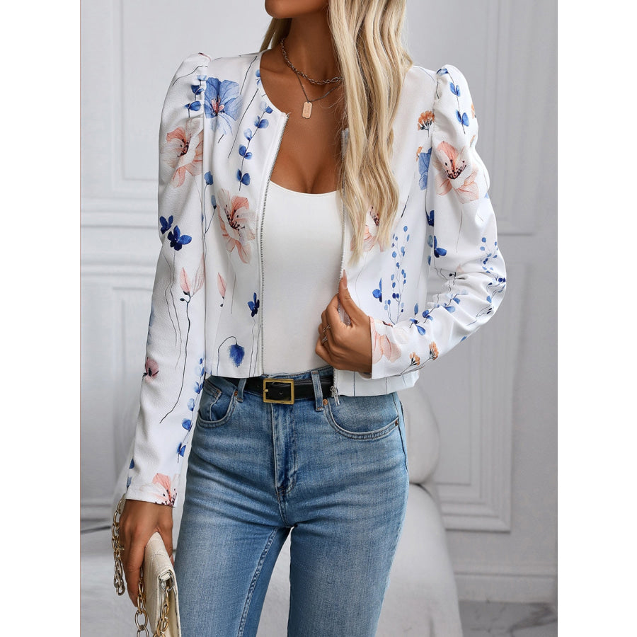 Printed Zip Up Long Sleeve Jacket White / S Apparel and Accessories