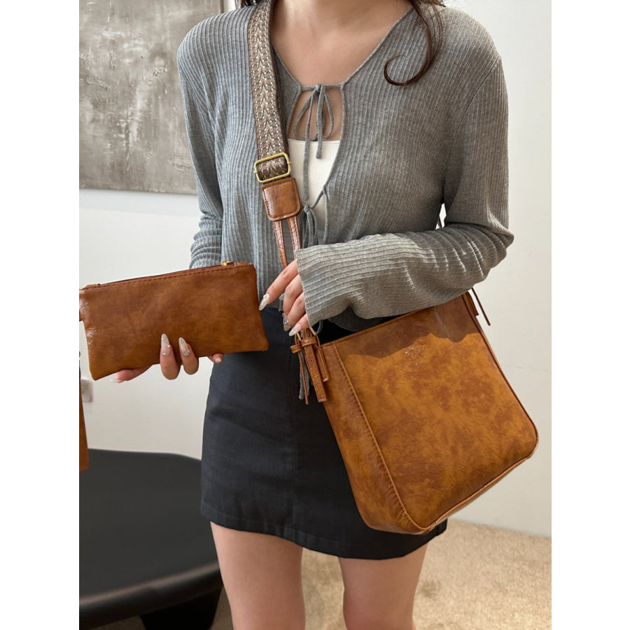 PU Leather Adjustable Strap Crossbody Bag with Pouch Apparel and Accessories