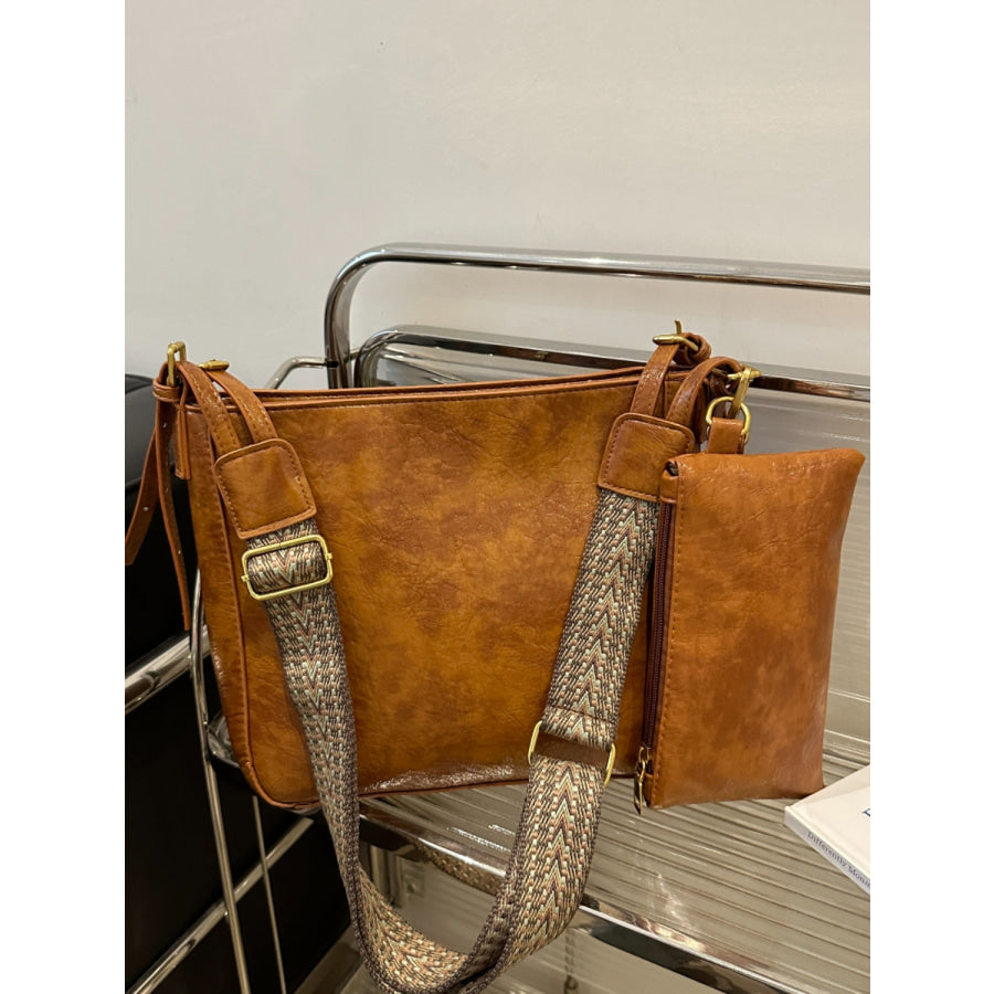 PU Leather Adjustable Strap Crossbody Bag with Pouch Caramel / One Size Apparel and Accessories