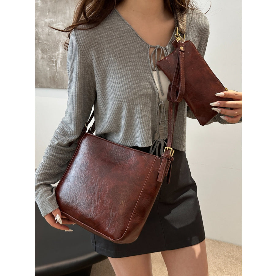 PU Leather Adjustable Strap Crossbody Bag with Pouch Apparel and Accessories