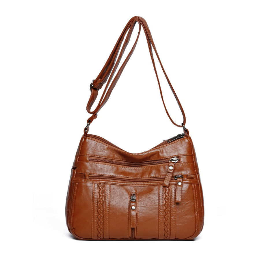 PU Leather Adjustable Strap Shoulder Bag Brown / One Size Apparel and Accessories