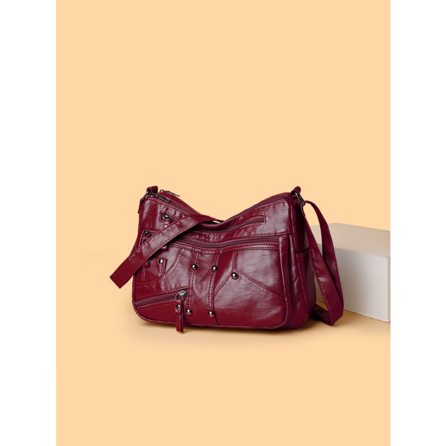 PU Leather Adjustable Strap Shoulder Bag Burgundy / One Size Apparel and Accessories