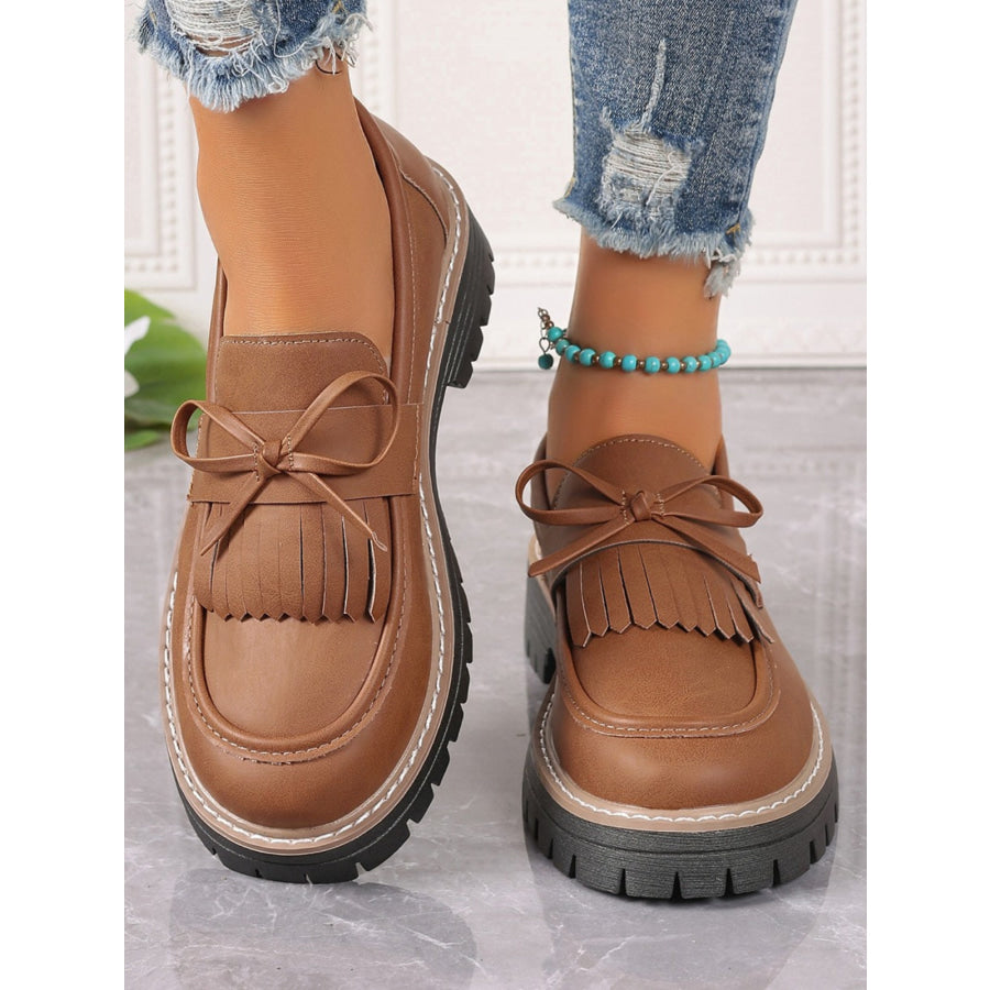 PU Leather Bow Platform Loafers Apparel and Accessories