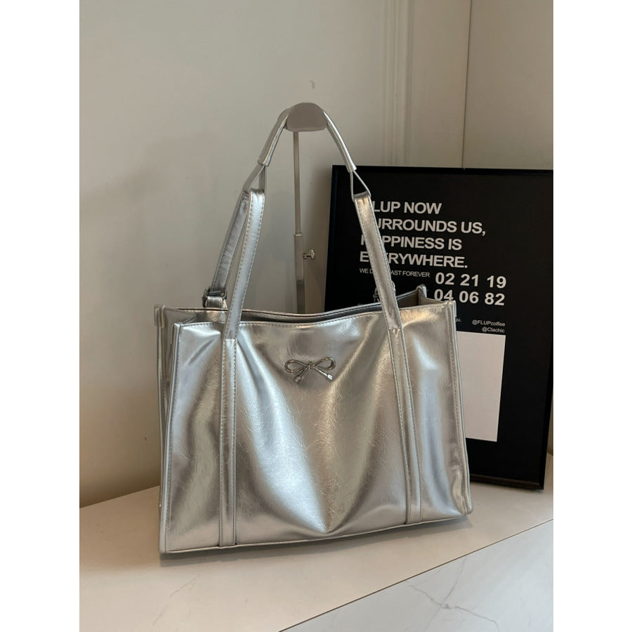 PU Leather Bow Shoulder Bag Silver / One Size Apparel and Accessories