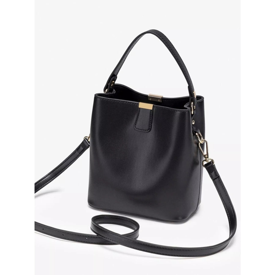 PU Leather Bucket Crossbody Bag with Gold-Tone Hardware Black / onesize Apparel and Accessories