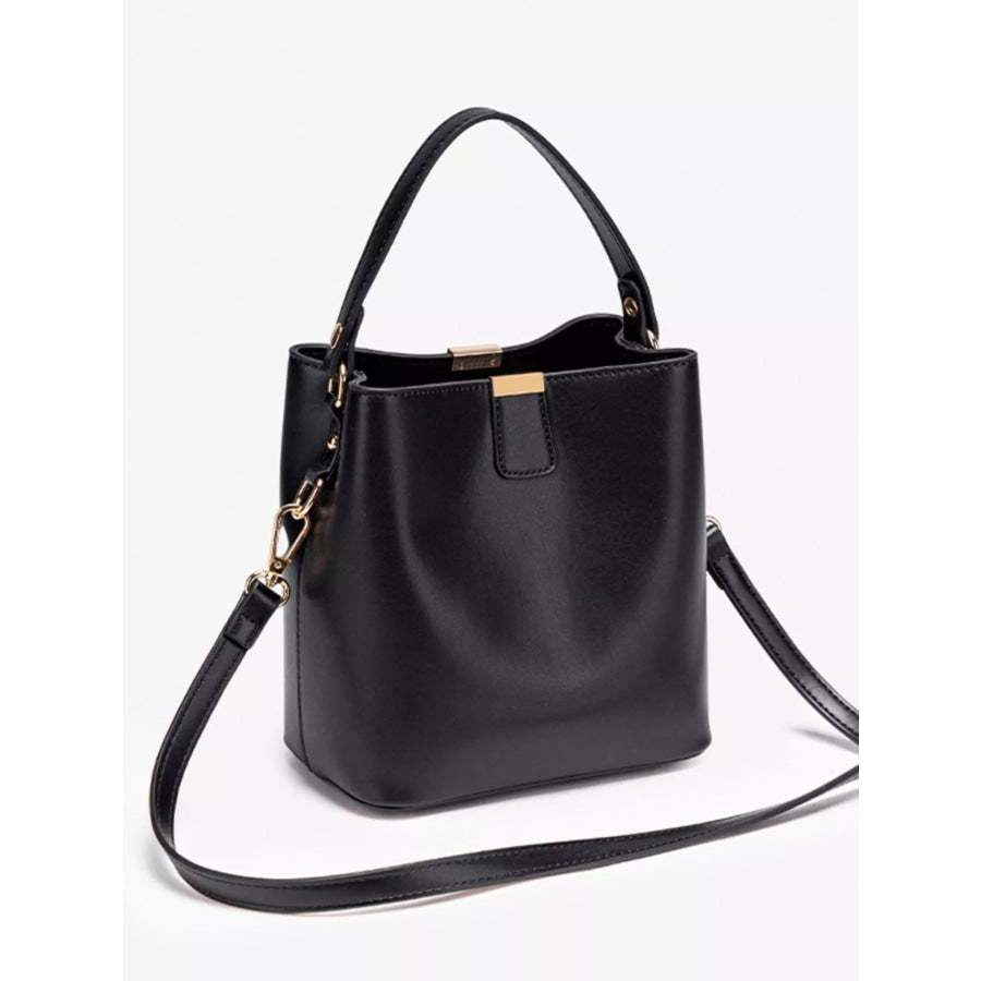 PU Leather Bucket Crossbody Bag with Gold-Tone Hardware Black / onesize Apparel and Accessories