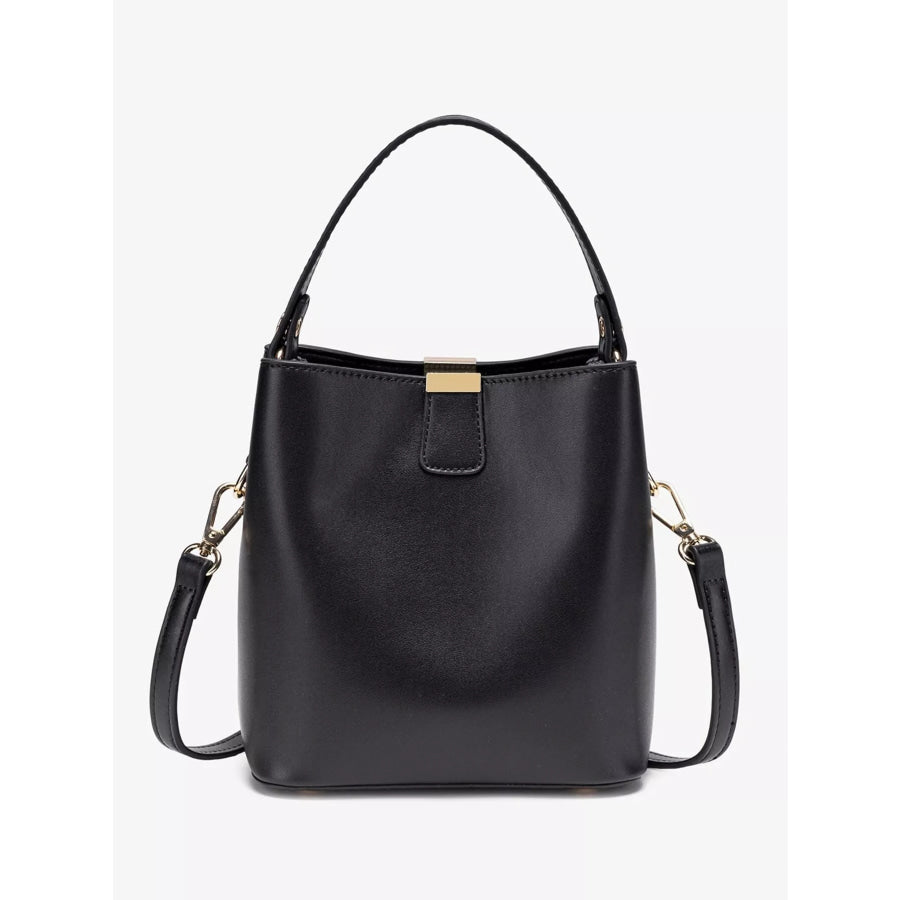 PU Leather Bucket Crossbody Bag with Gold-Tone Hardware Black / onesize Apparel and Accessories