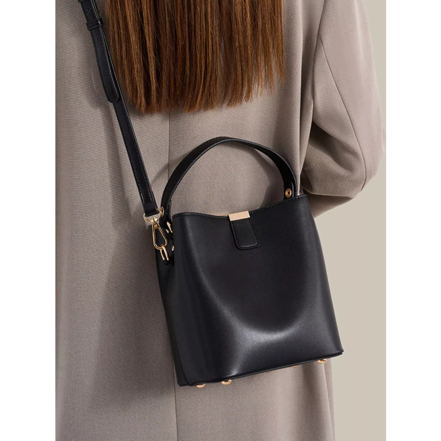 PU Leather Bucket Crossbody Bag with Gold-Tone Hardware Black / onesize Apparel and Accessories