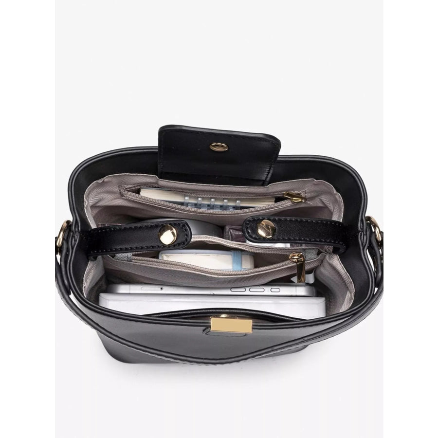 PU Leather Bucket Crossbody Bag with Gold-Tone Hardware Black / onesize Apparel and Accessories
