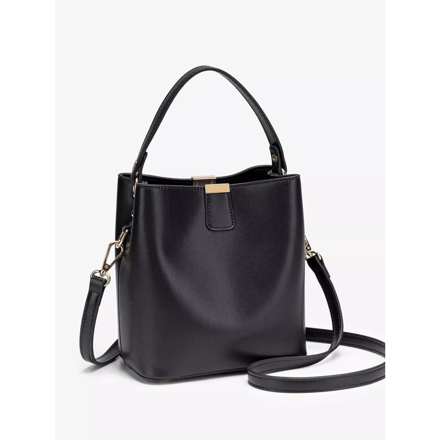 PU Leather Bucket Crossbody Bag with Gold-Tone Hardware Black / onesize Apparel and Accessories