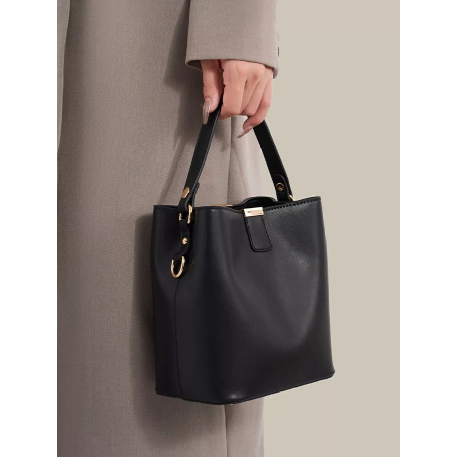 PU Leather Bucket Crossbody Bag with Gold-Tone Hardware Black / onesize Apparel and Accessories
