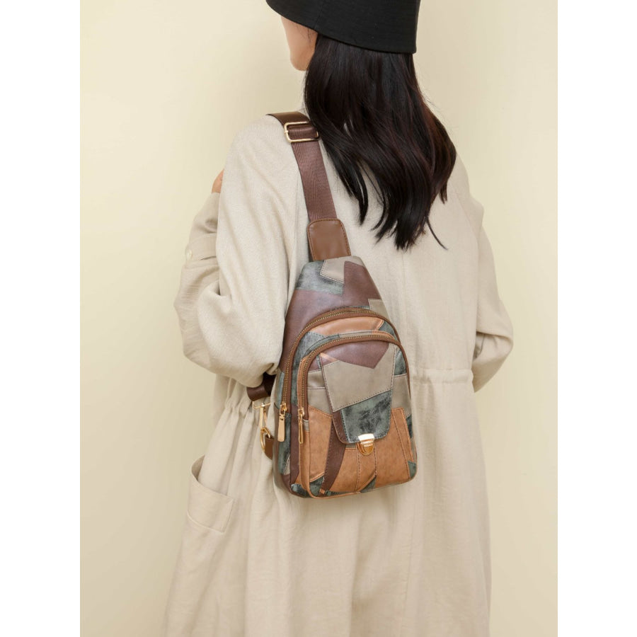 PU Leather Color Block Crossbody Bag Camel / One Size Apparel and Accessories