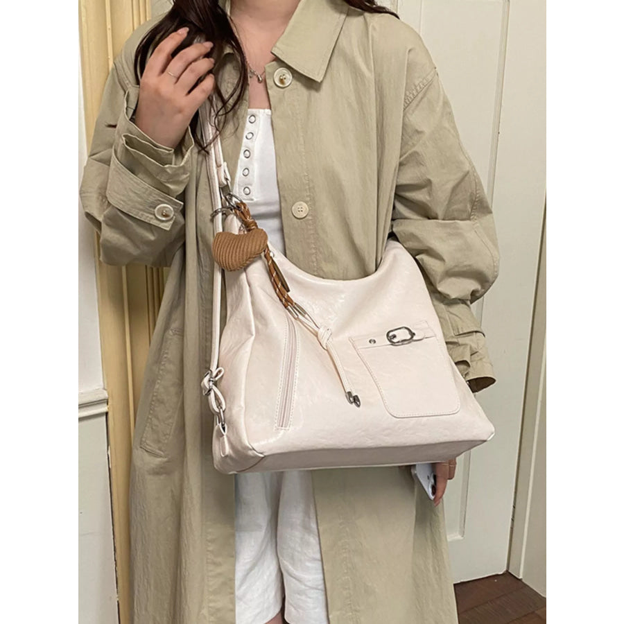 PU Leather Crossbody Bag with Heart Charm Beige / onesize Apparel and Accessories