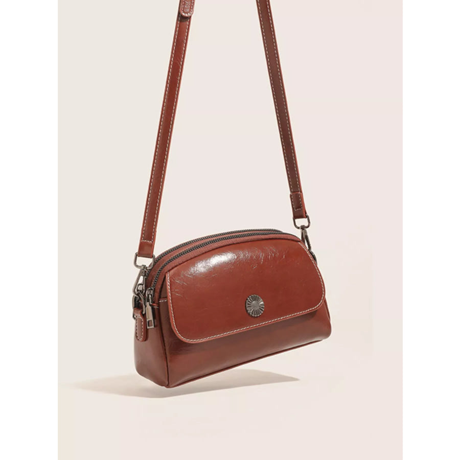 PU Leather Crossbody Bag with Metal Emblem Detail Brown / onesize Apparel and Accessories