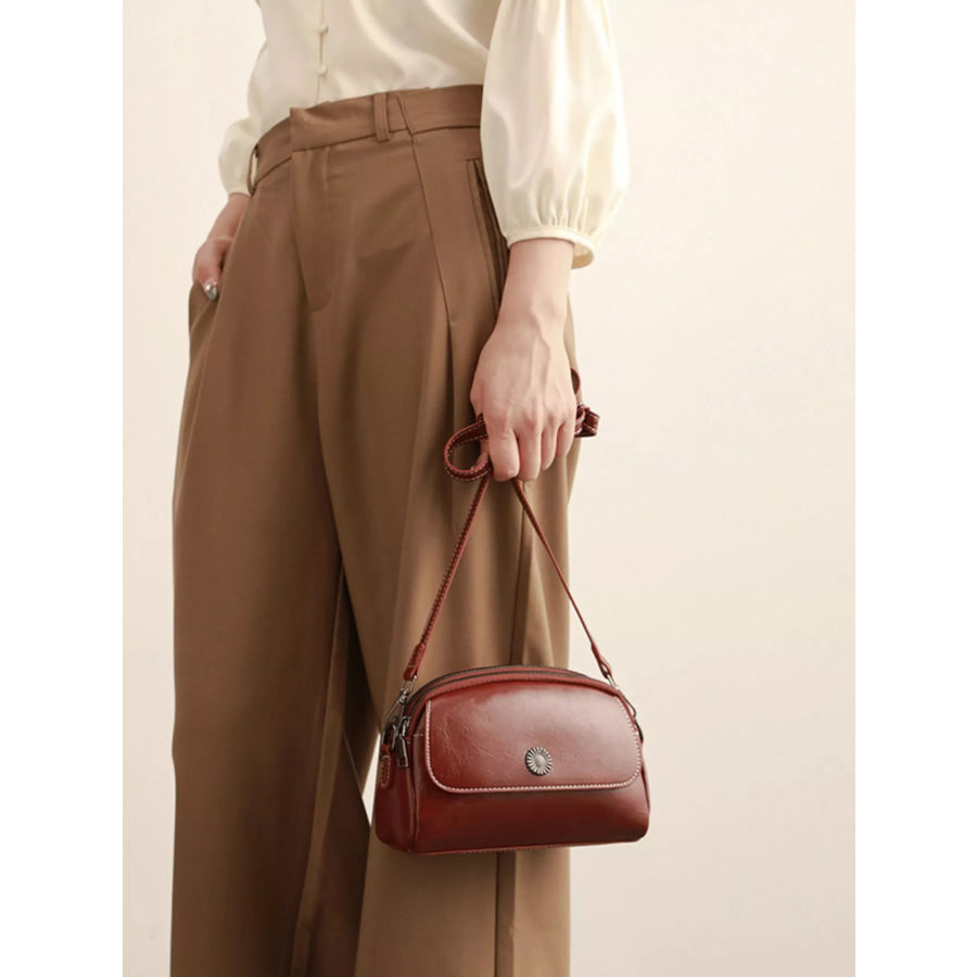 PU Leather Crossbody Bag with Metal Emblem Detail Brown / onesize Apparel and Accessories