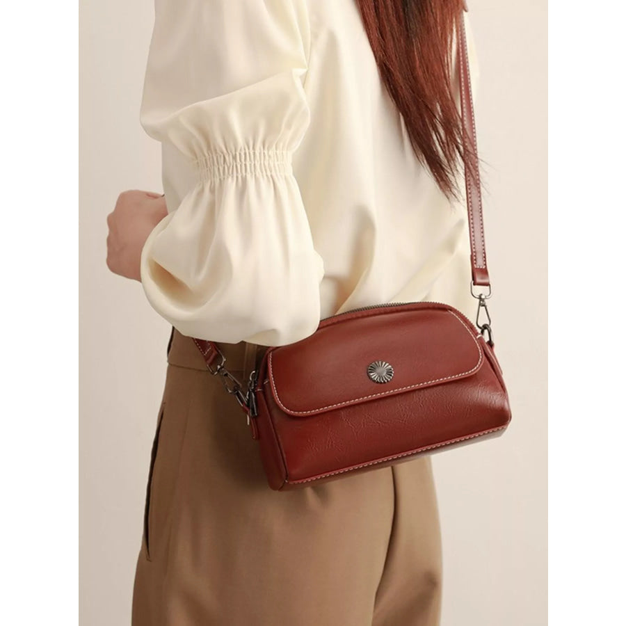 PU Leather Crossbody Bag with Metal Emblem Detail Brown / onesize Apparel and Accessories