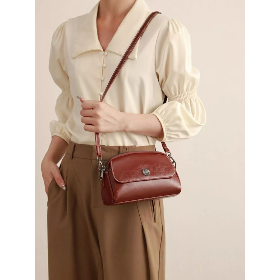 PU Leather Crossbody Bag with Metal Emblem Detail Brown / onesize Apparel and Accessories