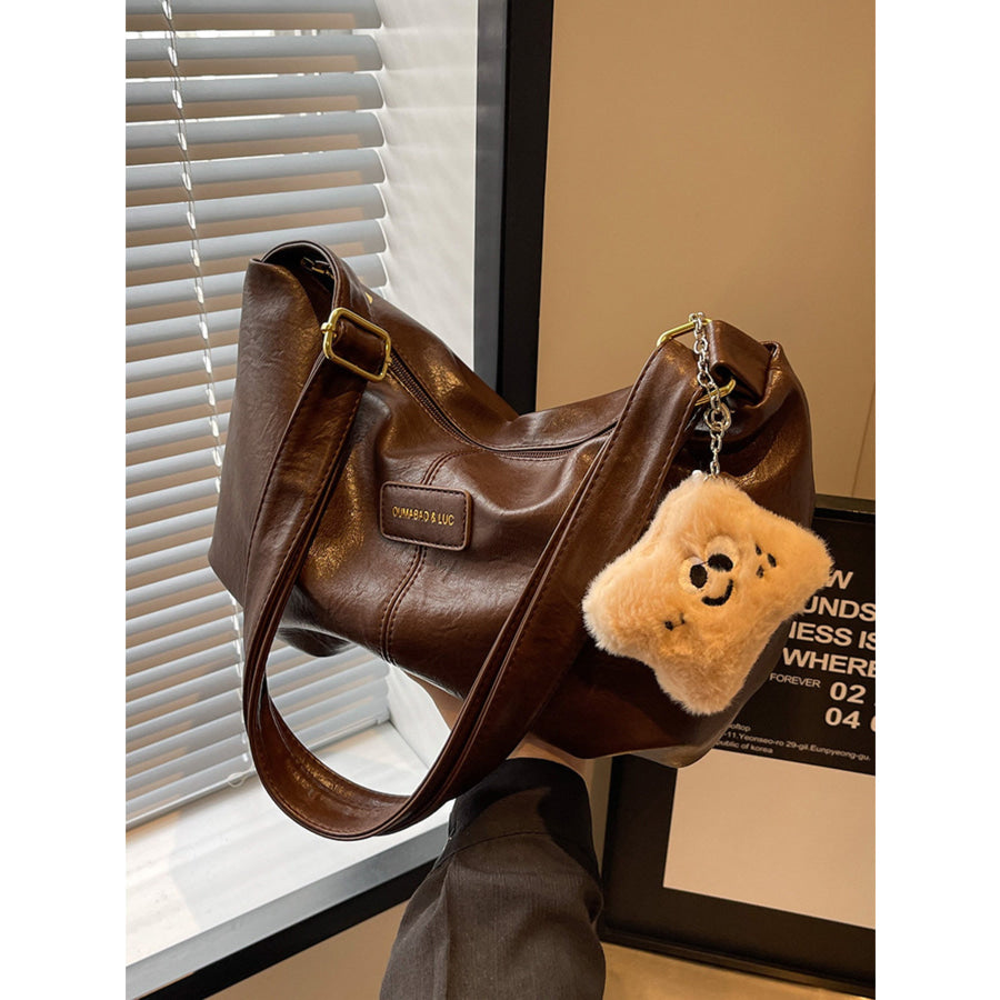 PU Leather Crossbody Bag with Plush Charm Apparel and Accessories