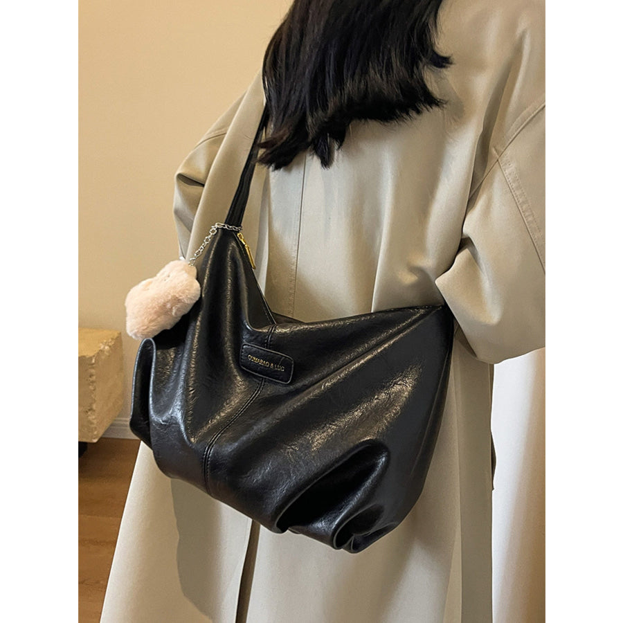 PU Leather Crossbody Bag with Plush Charm Black / One Size Apparel and Accessories