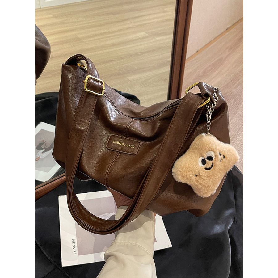 PU Leather Crossbody Bag with Plush Charm Brown / One Size Apparel and Accessories